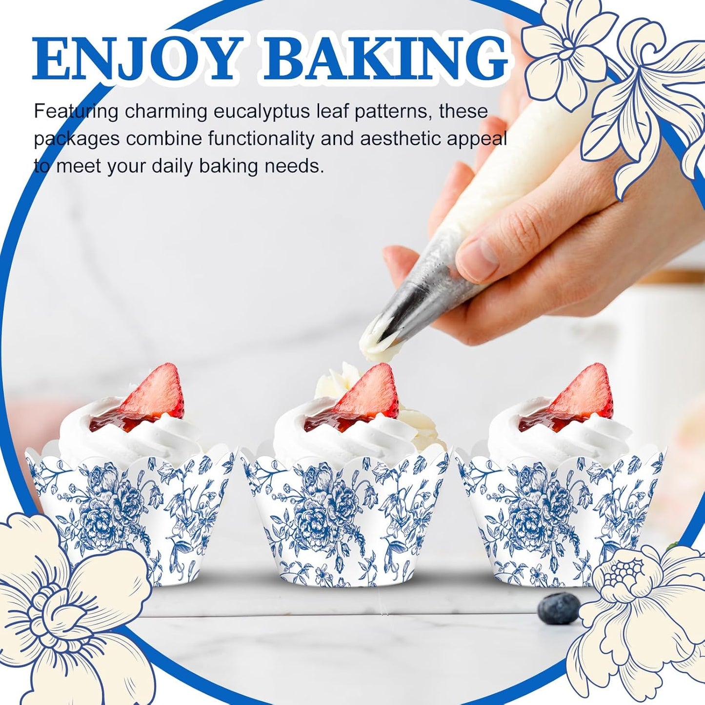 Domensi 100 Pcs Blue Floral Cupcake Wrappers Rustic Cupcake Liners Baking Cups Baking Liners for Wedding Bridal Baby Shower Birthday Party Supplies Dessert Decoration, Blue