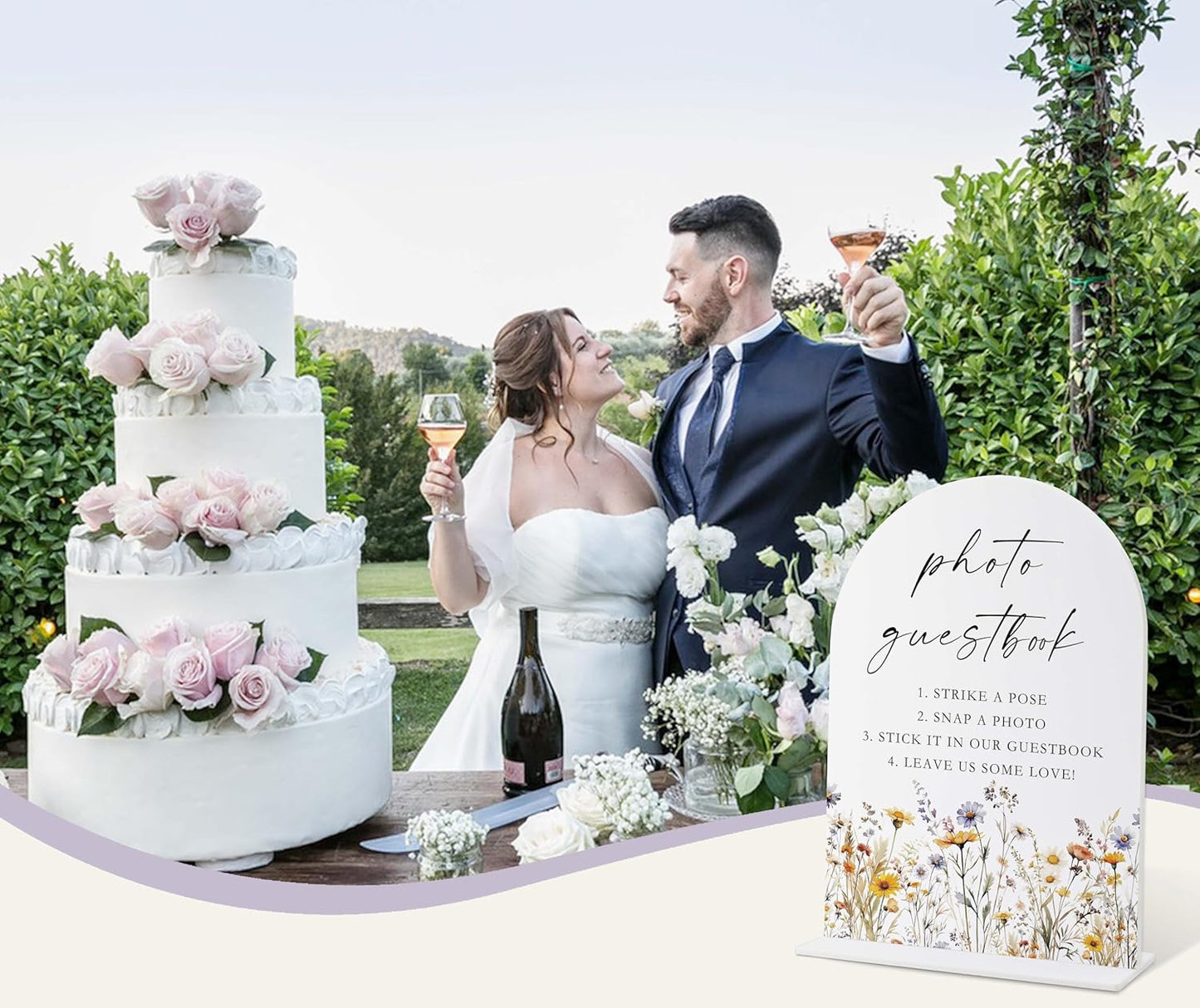 Wedding Signs for Ceremony and Reception, Boho Floral Acrylic Photo Guestbook Sign, Wedding Signage with Stand, Bridal Shower Table Centerpieces, Supplies for Engagement Reception Event Party, 28