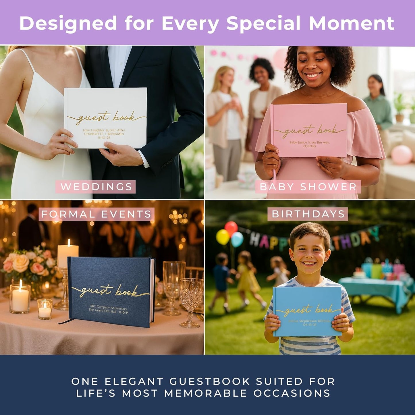 Promot Personalized Guestbook for Party (Baby Blue) - 110 Lined Pages in Wood-Free Vegan Leather Hard Cover - Wedding Guest Book Sign in and Photos, Baby Shower, Birthday or Graduation