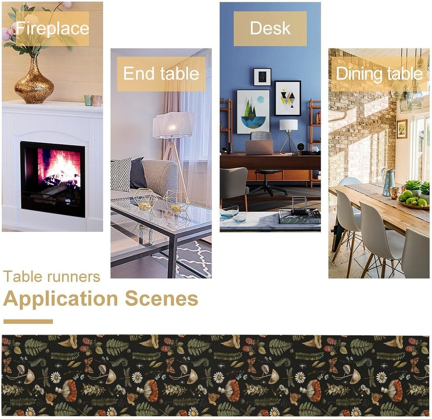 Mushroom Table Runner,Retro Forest Plant Table Runner for Kitchen Dining Table Home Party Decoration 13x60 Inch