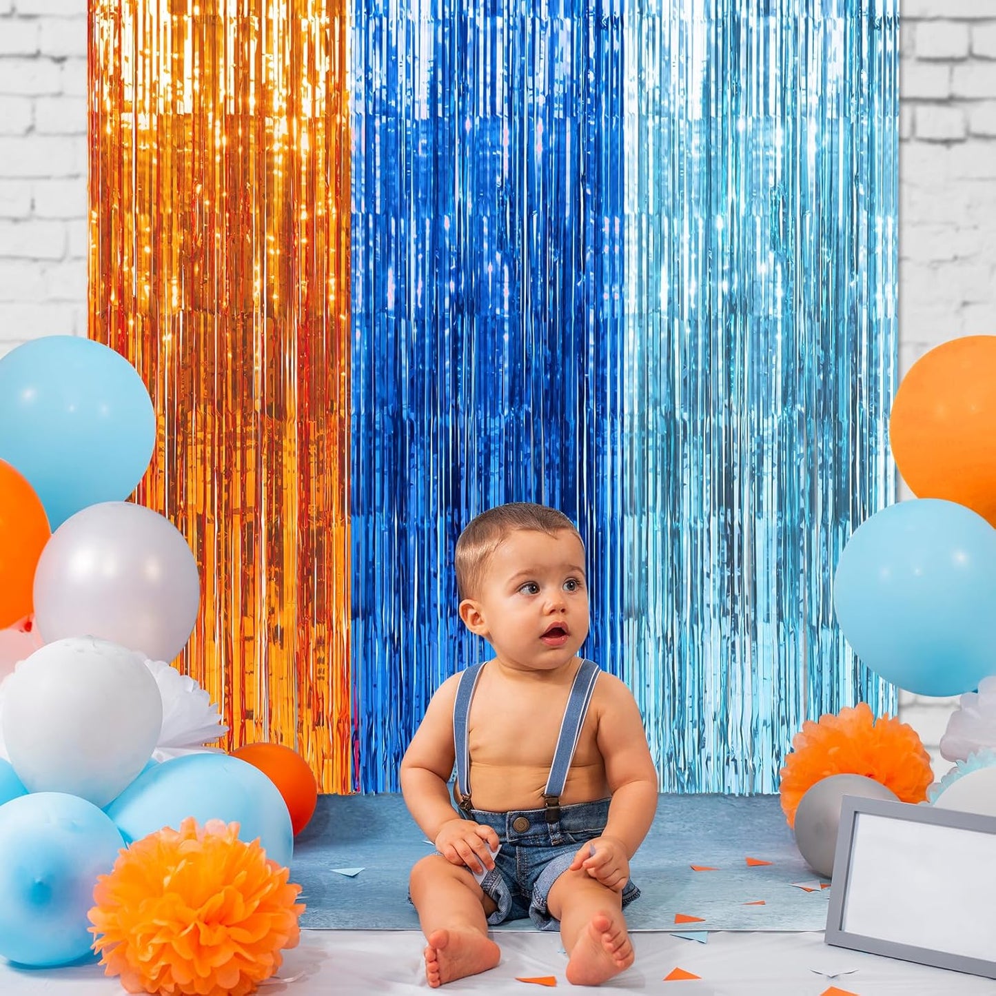 3 Pack 3.3X6.6Ft Blue Dog Foil Fringe Curtains Backdrop Decorations, Orange and Light Blue Birthday Party Tinsel Metallic Streamers Photo Booth Background for Dog Theme Party Supplies