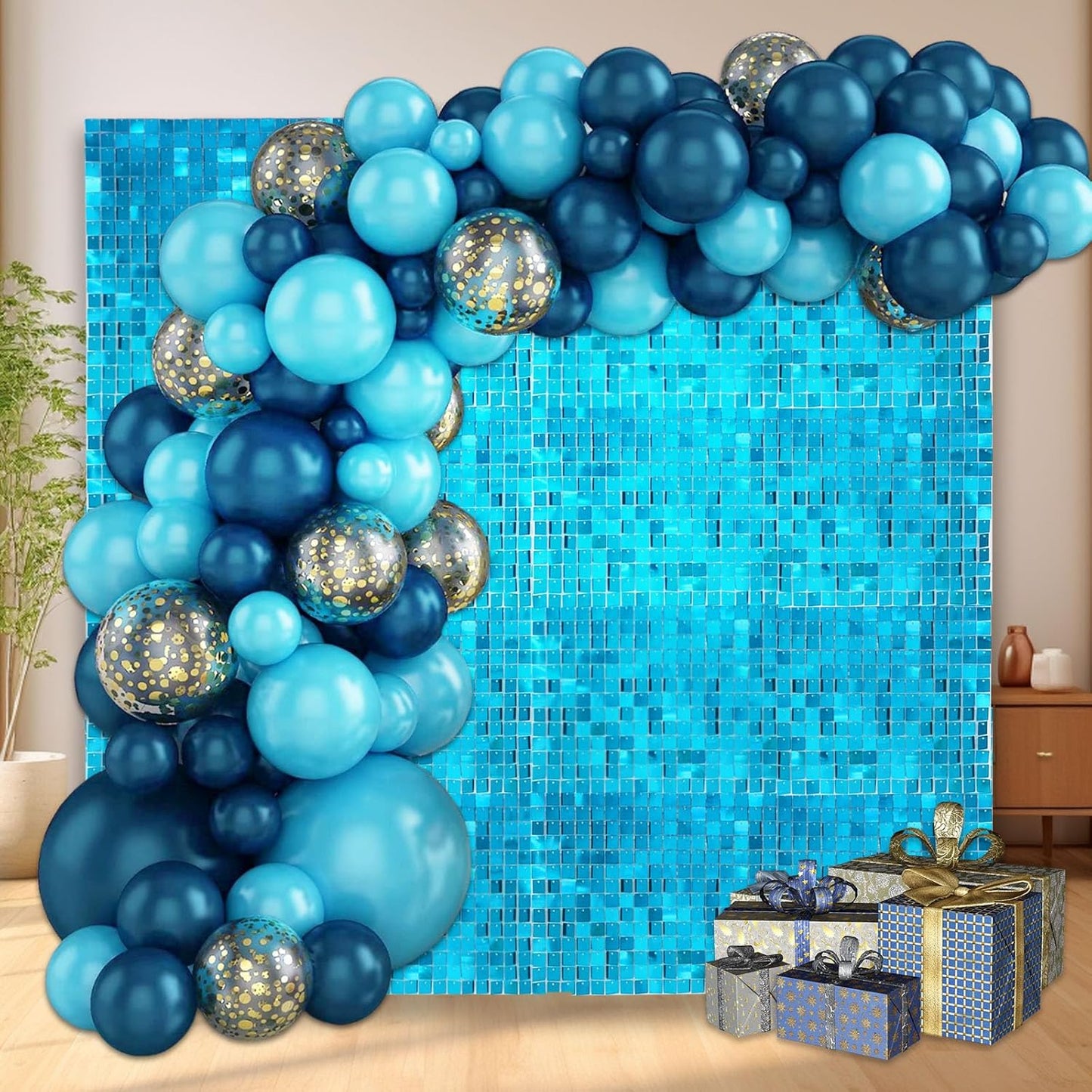 24PCS Lake Blue Shimmer Wall Backdrop, Square Sequin Backdrops Panel, Glitter Wall Background for Birthdays, Weddings, Graduation, Engagements, Disco Bachelorette Party Decoration (4FTx6FT)