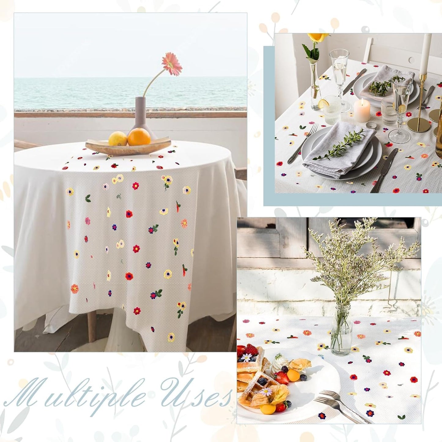 6PCS Lvory Floral Table Runner 10 FT, Embroidery Daisy Table Runners Seasonal Sheer Tulle Table Runner for Thanksgiving Wedding Birthday Baby Shower Party 