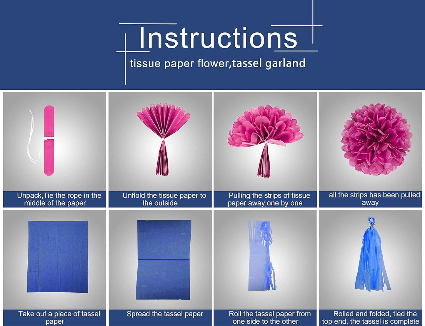 Gold Navy-Blue Pink Party Decorations - 23pcs Tissue Paper Flower Pom Poms Tassel Garland Pennant Banner Flags Streamers Birthday Baby Bridal Shower Engagement Bachelorette Wedding Gender Reveal Decor