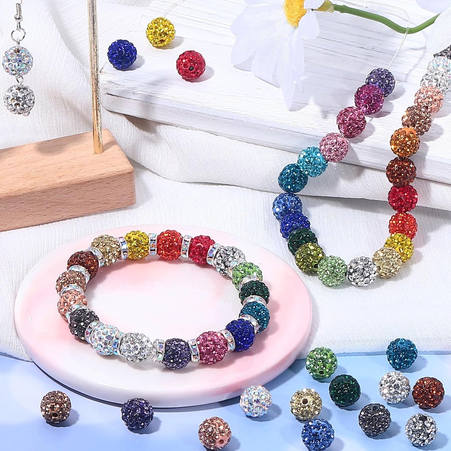 240pcs 24 Colors Rhinestone Beads for Crafts, Sparkle Round Crystal Disco Ball Clay Rhinestone Beads for DIY Jewelry Making Bracelet, Necklace, Earring and Christmas Decoration (10mm)
