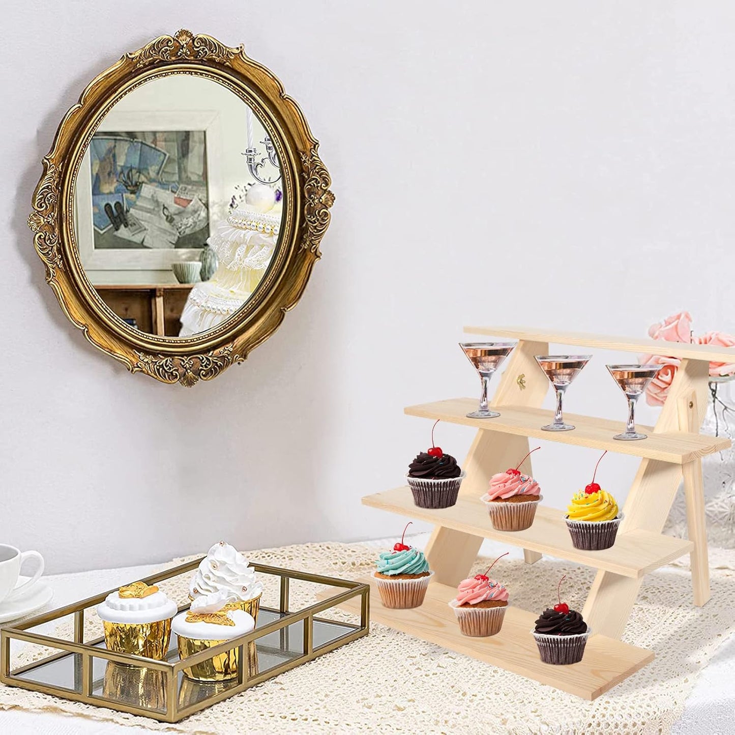 ZYP 4 Tier Wood Cupcake Display Stand,Retail Cookie Display Riser,Rustic Tiered Table Display Stand for Vendors Home Wedding Party,Nature