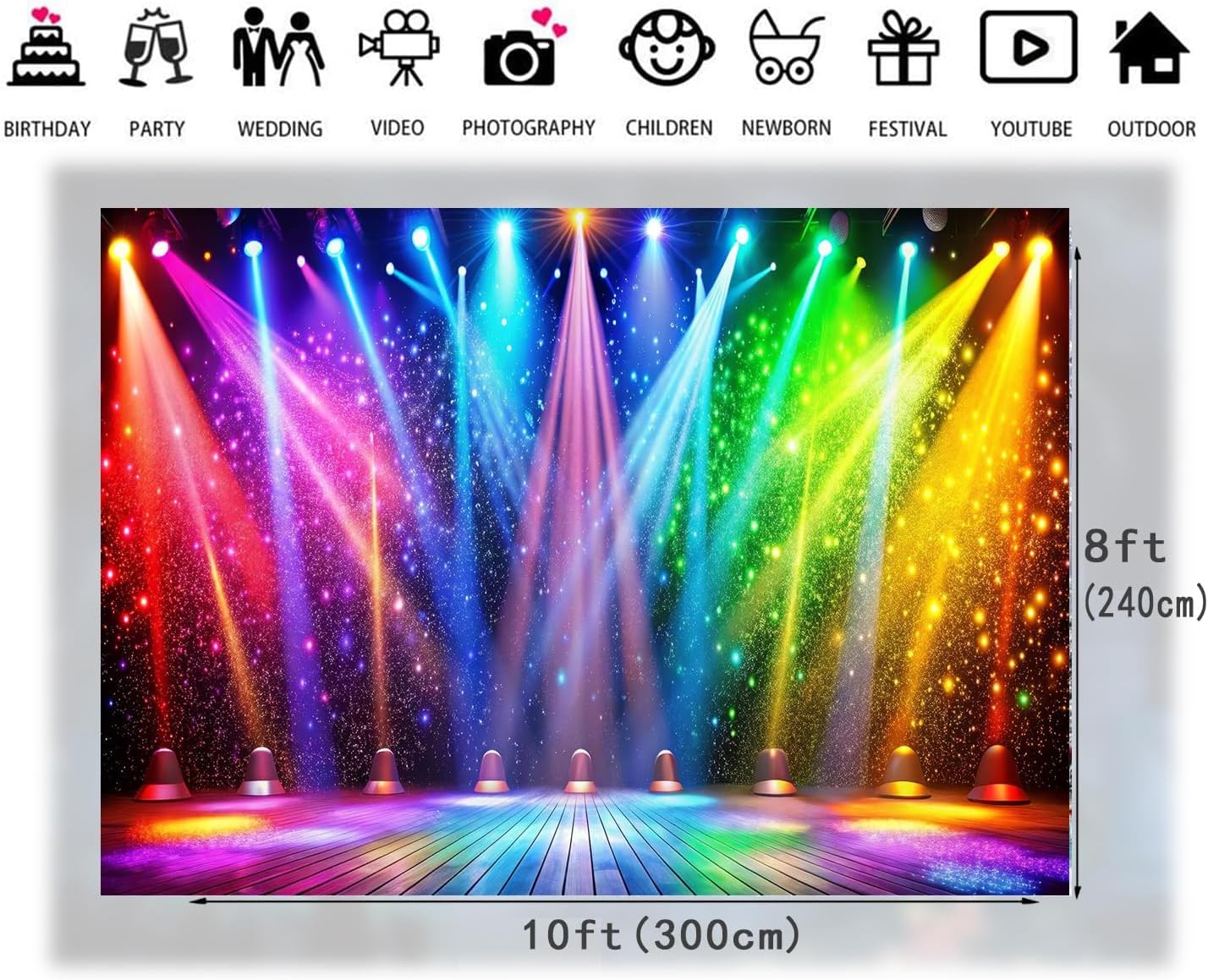 LTLYH 10x8ft Fabric Disco Rainbow Stage 70s 80s 90s Backdrop Vintage Lights Photography Background Rock Music Club Neon Glow Party Decorations Photo Banner 312