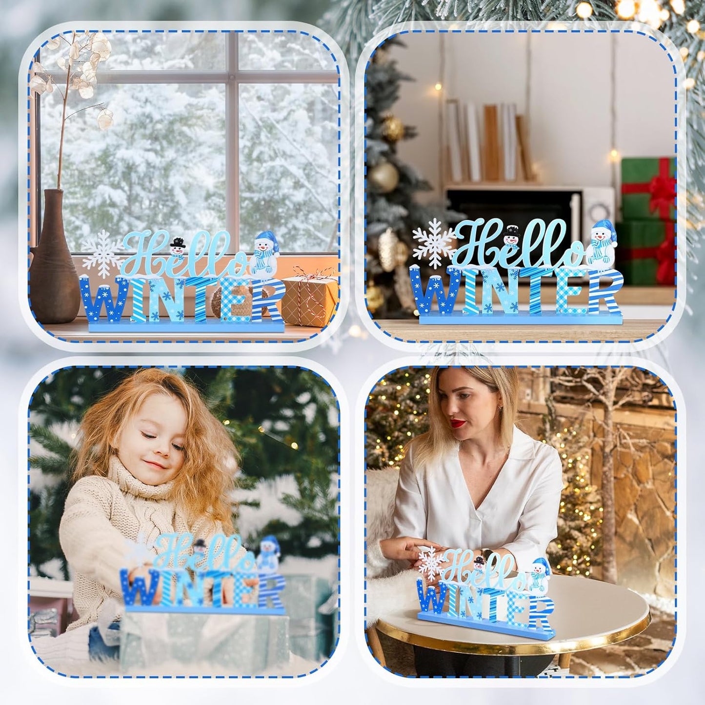 Winter Metal Sign Hello Winter Table Decor Christmas Tiered Tray Decor with Wooden Base Metal Blue and White Snowman Snowflake for Xmas Home Tabletop Centerpiece Mantel Shelf Fireplace