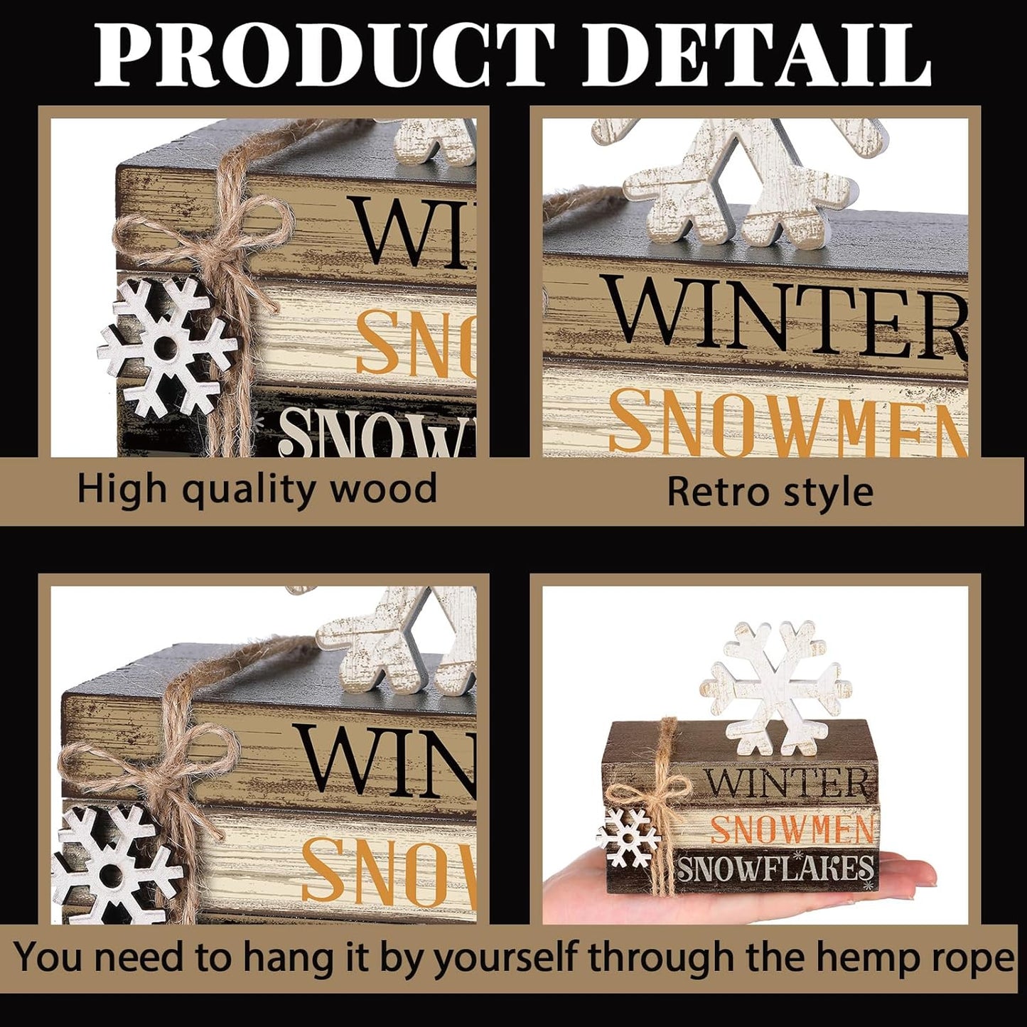 4 Pcs Winter Table Decorations Snowmmen Tiered Tray Decorations Christmas Mini Snowflake Wooden Books Signs for Office Shelf Classroom Tabletop Bookshelf