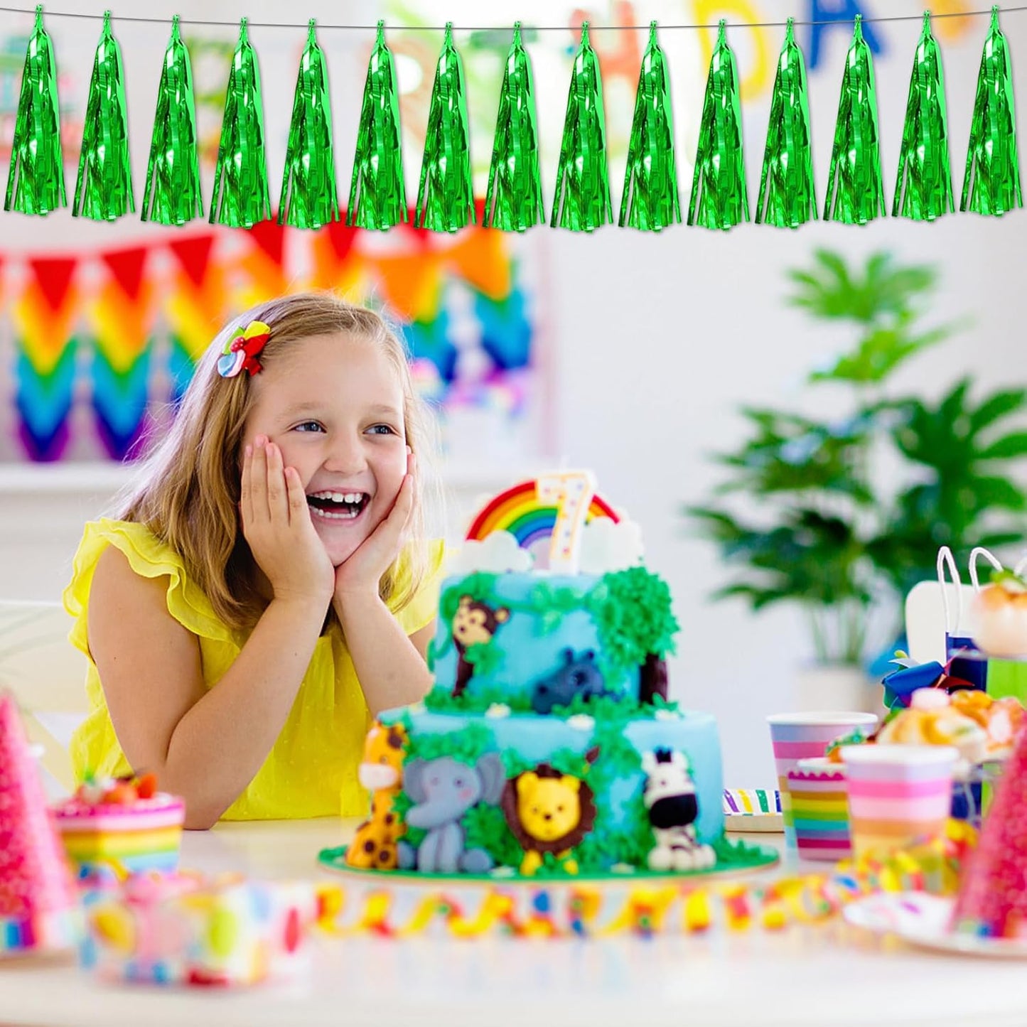 6P Green Foil Fringe Metallic Tassel Streamers Banner Tassel Garland for Parade Floats, Bachelorette, Wedding, Birthday, Graduation, Christmas, Bridal/Baby Shower Party Decorations