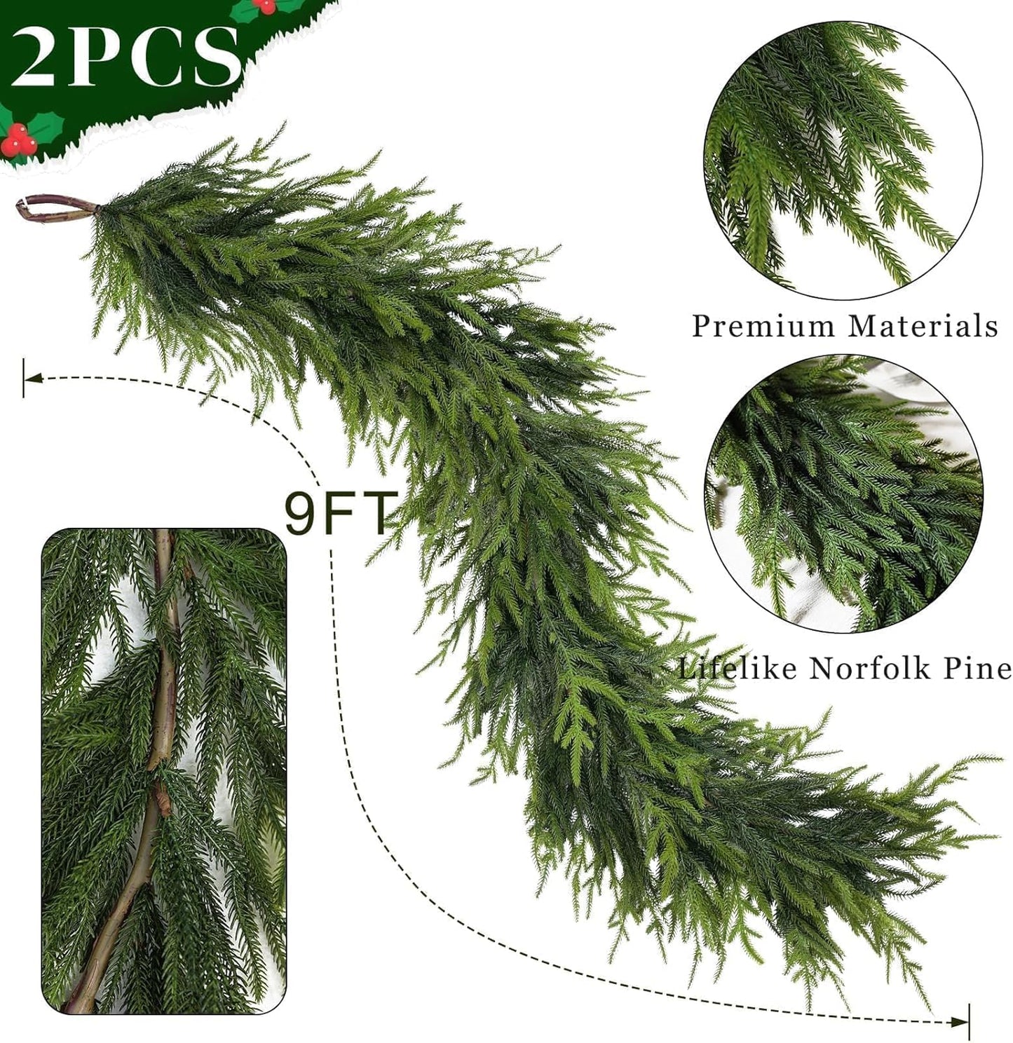 9FT Christmas Artificial Norfolk Pine Garland for Fireplace - Realistic Faux Greenery Fake Garland for Holiday,Table, Window,Mantel,Stairs, Home,Indoor Outdoor Decor (2PCS)