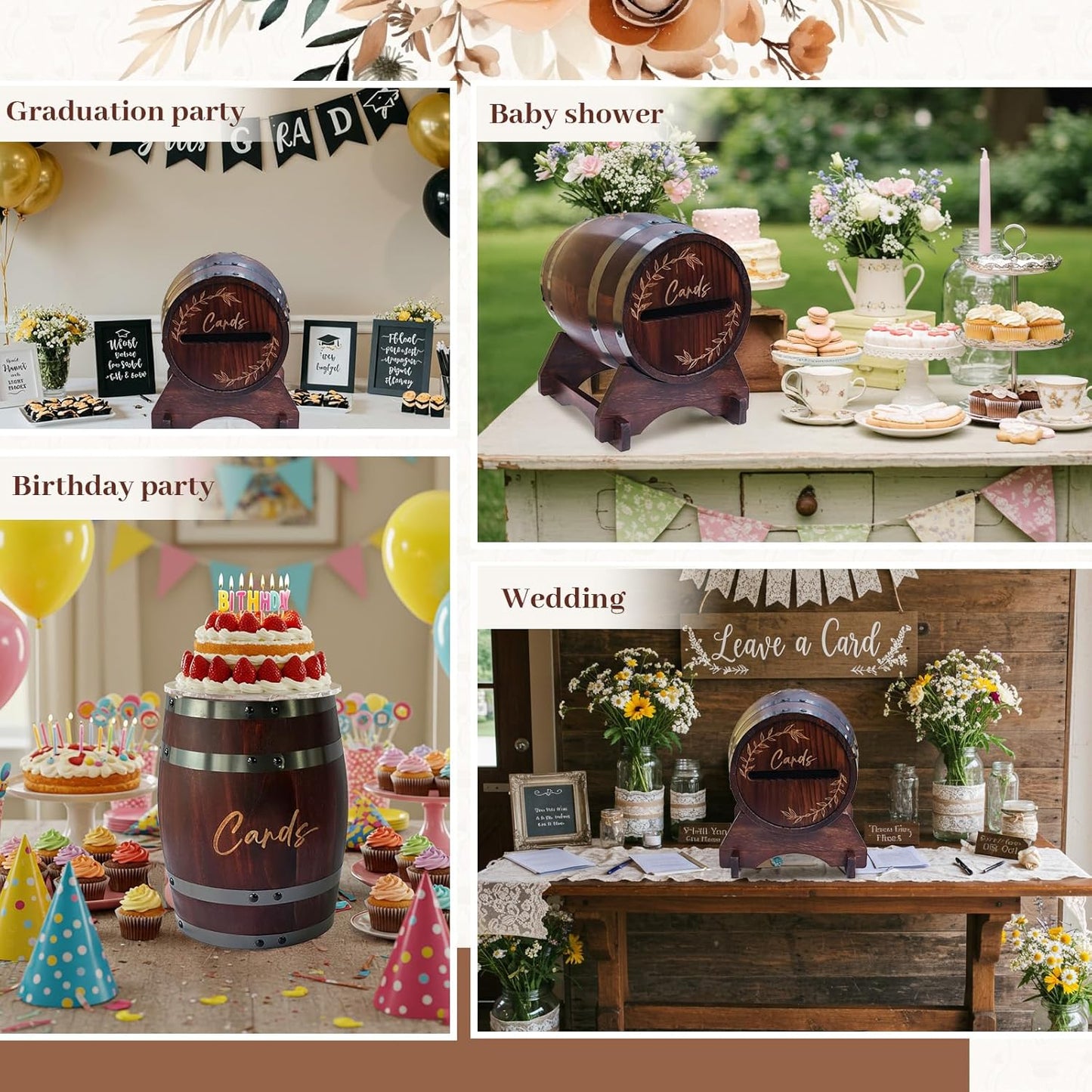 OurWarm Wooden Card Box for Wedding, Vintage Gift Card Box with Base, Whiskey Barrel Wedding Card Boxes for Reception Party Graduation Bridal Baby Shower Birthday Decoration