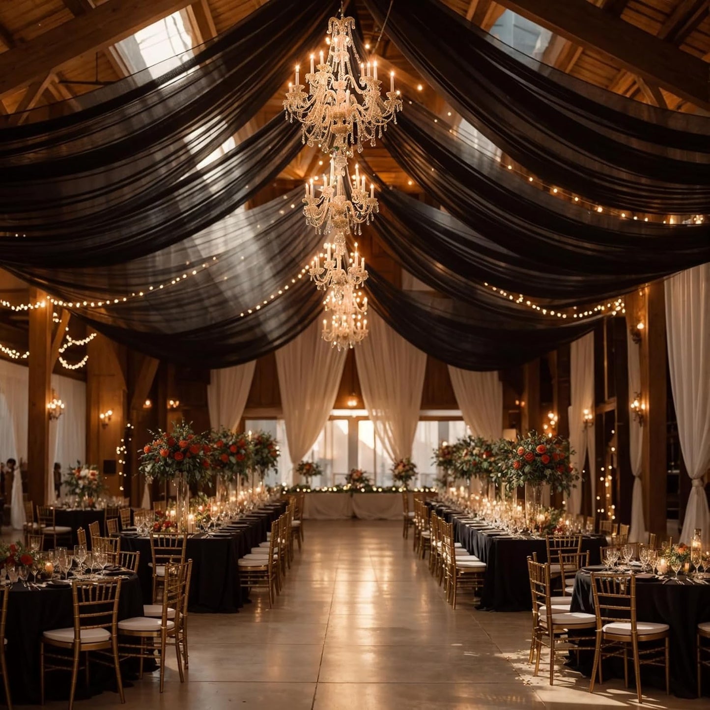 Wedding Arch Draping Fabric,2 Panels 18FT Black Sheer Chiffon Curtain Drapes 6 Yards for Wedding Ceremony Birthday Party Decoration