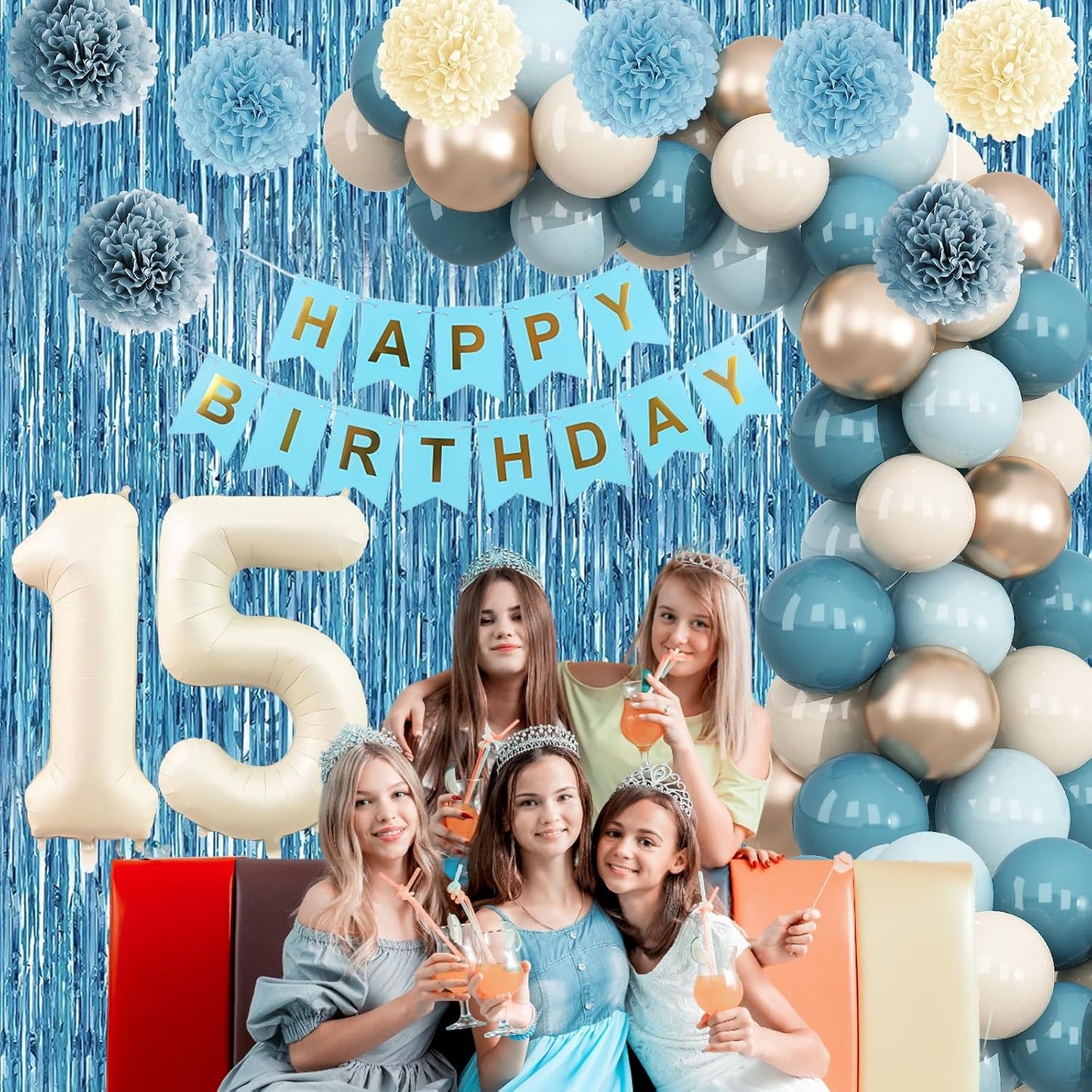Dusty Blue 15th Birthday Party Decorations Boys Girls Beige Cream Number 15 Balloon with Blue Gold Happy Birthday Banner Fringe Curtain Paper Pom Poms Nude White Sand Champagne Star Foil Balloons