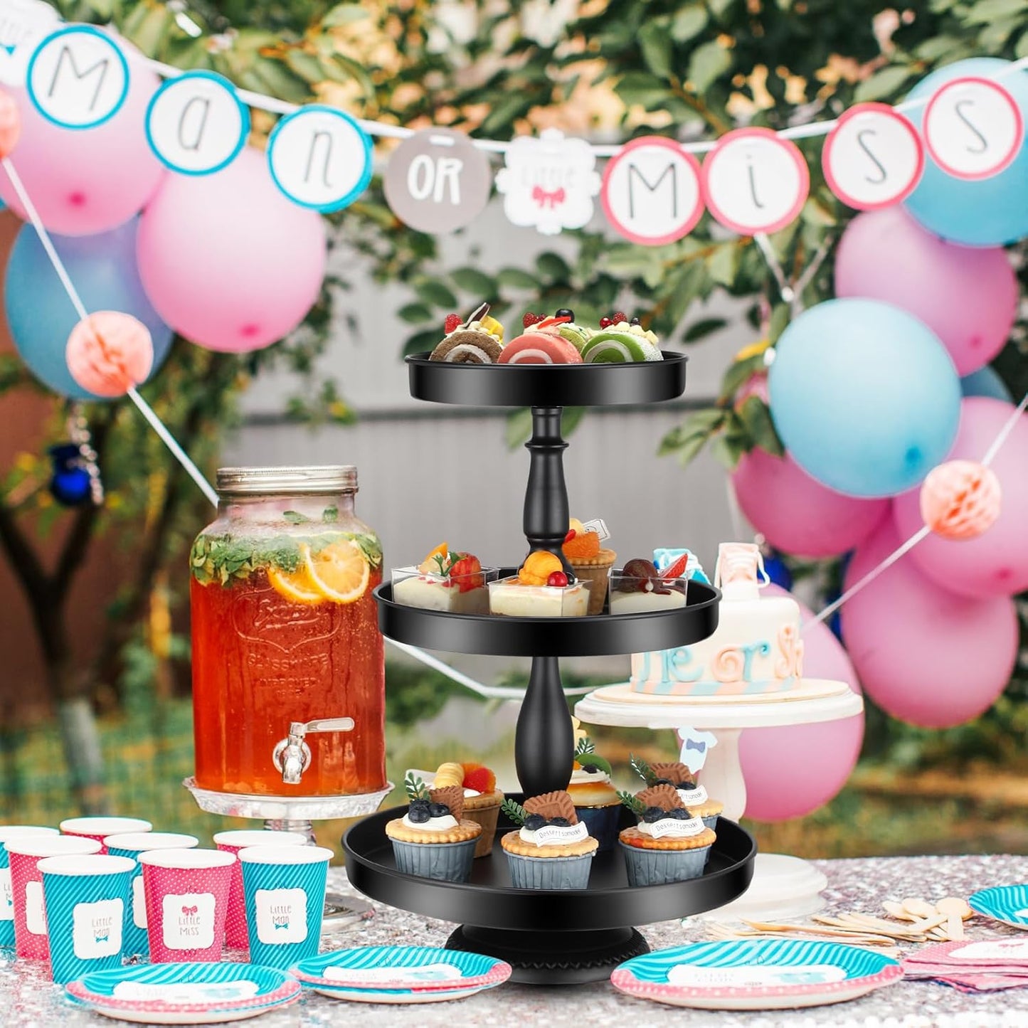 Maxdot 2 Pcs 3 Tier Cupcake Stand Holder, Round Cupcake Stand Serving Tray, Metal Tiered Tray Pastry Dessert Cake Tower Display Stand for Baby Shower Tea Party, Wedding and Birthday (Black)