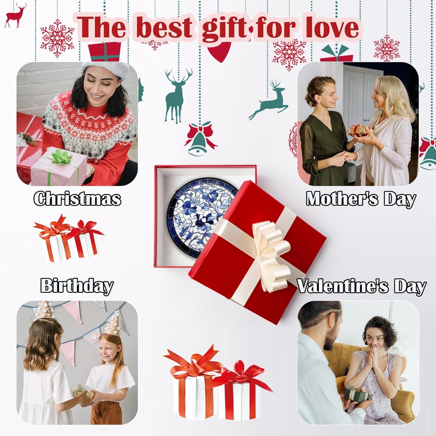 Stained Glass Window Hanging, Blue and White Abstract Flowers Sun Catcher for Door Home Decor Suncatcher Christmas Mother's Day Birthday Gifts for Women Men Mom and Nana 11.8 in