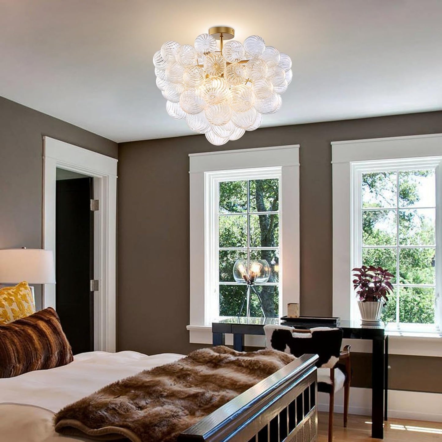 Bubble Ball Semi Flush Mounting Ceiling Light Fixtures, Dia 20 inch Gold and Clear Blown Glass Small Swirled Glass Chandelier for Bedroom Study Bathroom Dining Room