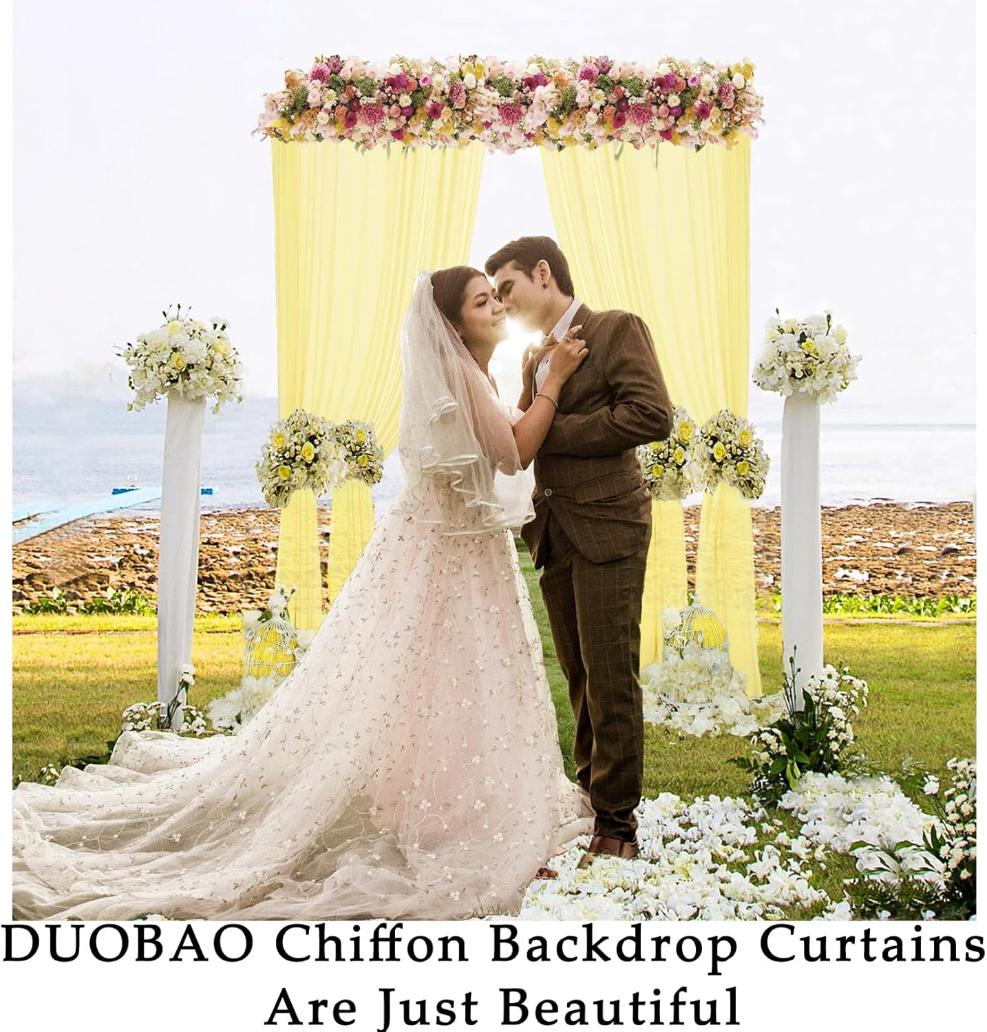 DUOBAO Yellow Chiffon Backdrop Curtain-2 Panels 58x120-Inch Wedding Backdrops Drape Yellow Curtains for Bedroom Voile Window Drapes Photography Background for Party Ceremony