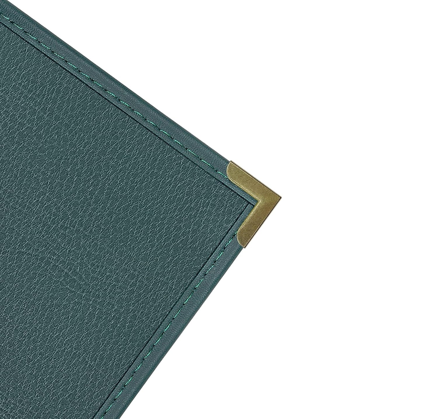 Goodsmart Pajco Style Restaurant Menu Covers – Pack of 10, Side-Loading Menu Holders, Single Stitched Edge, Clear Vinyl Menu Sleeves, Leatherette Trim, Gold Corners, Green, 2 View (8.5" x 11")