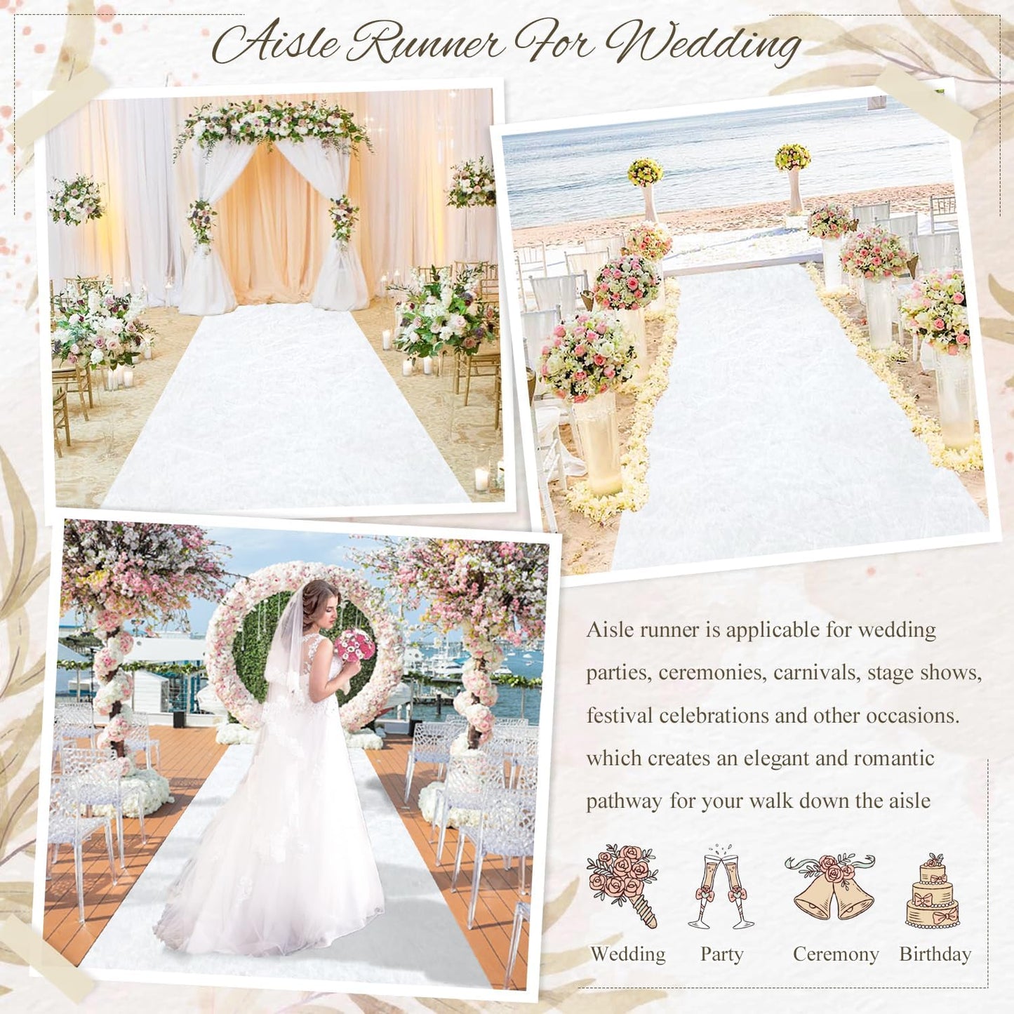 MODFUNS White Aisle Runner for Wedding Ceremony 4FTx25FT Velvet Fabric Runway Rug Wedding Runner Aisle Indoor Outdoor Carpet for Party Runners Carpet with Carpet Tapes Birthday Anniversary Runners