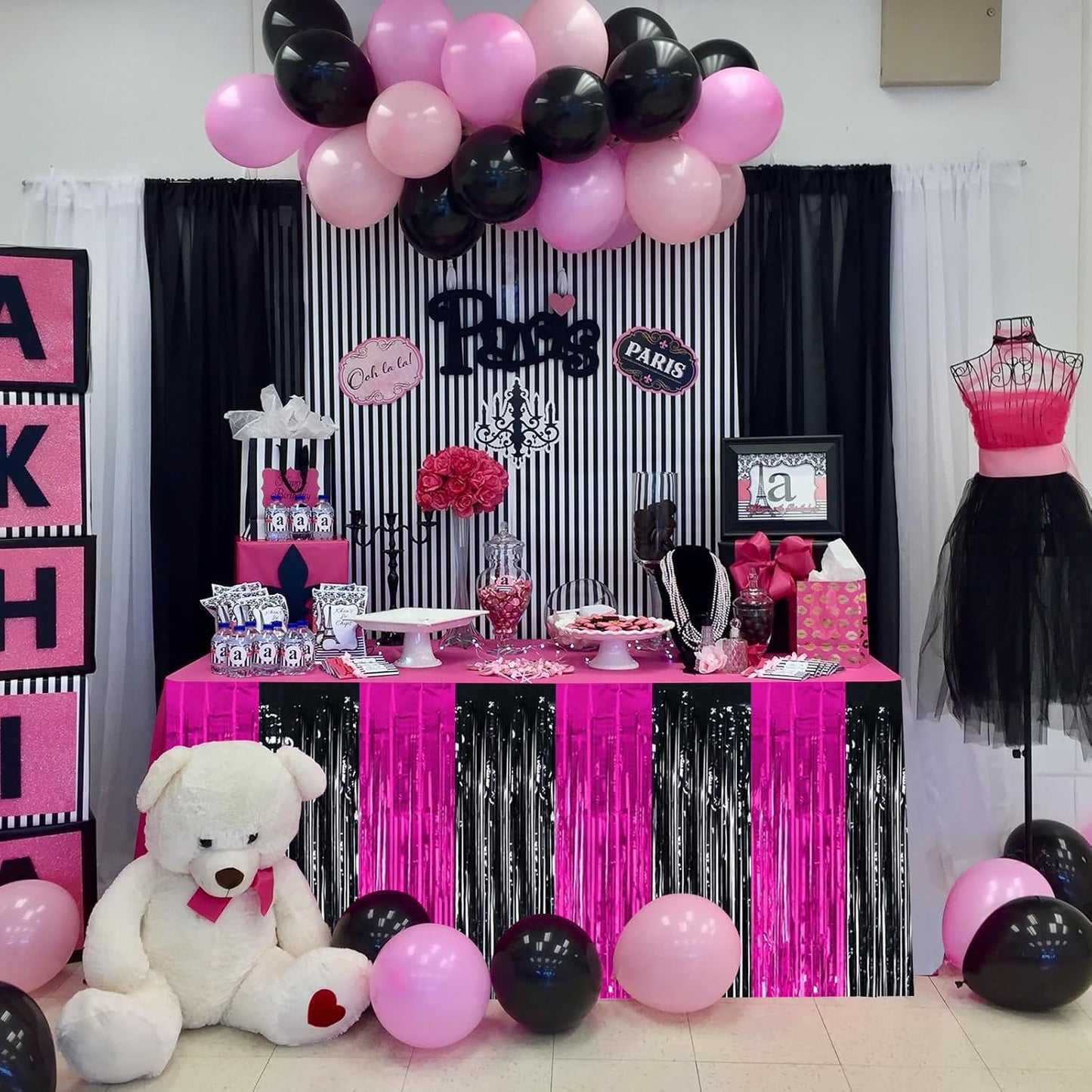 BEISHIDA 2 Pack Hot Pink Black Table Skirts Party Decorations Purple Metallic Tinsel Foil Fringe Table Skirts for Mouse Theme Birthday Mean Girls Hot Girls Wednesday Party