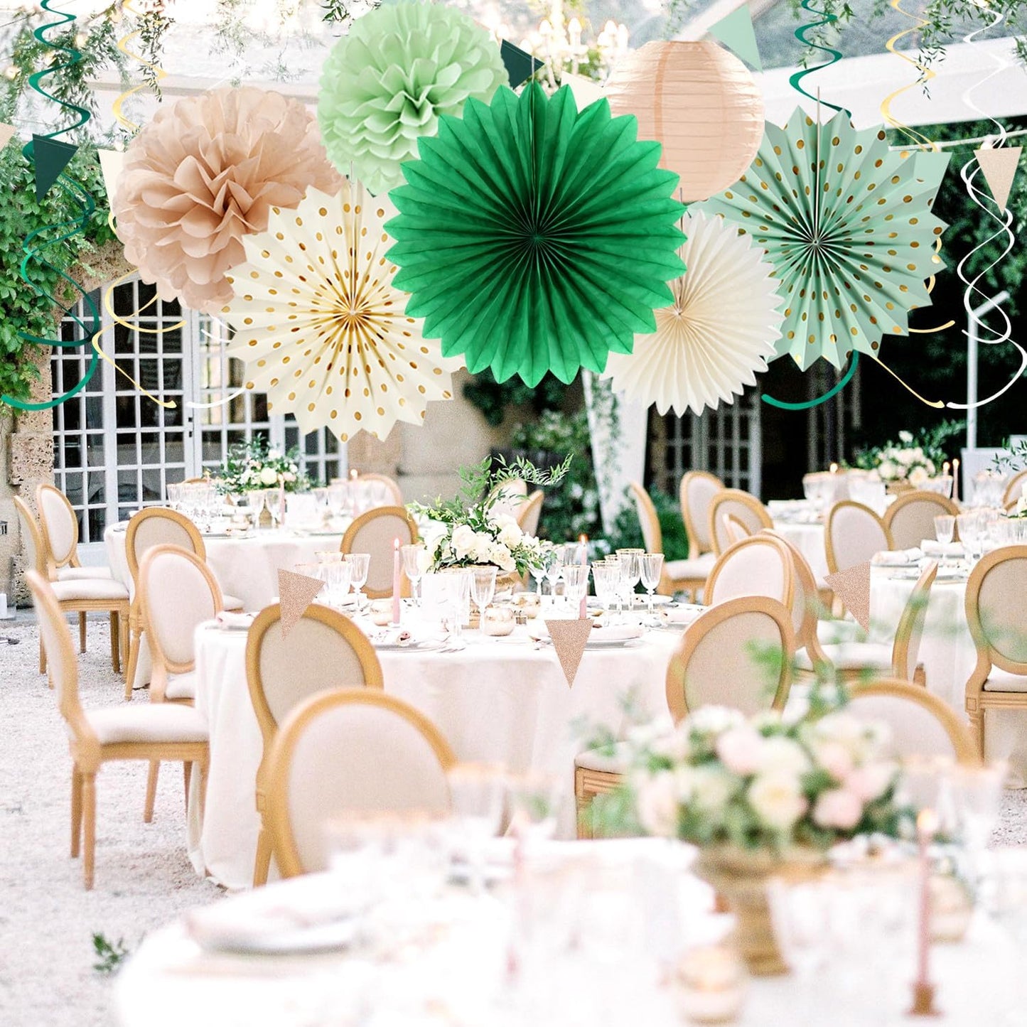 Olive-Sage Green Beige Champagne-Gold Party-Decorations - 33pcs Rustic Banner,Streamers Tassel Garland,Tissue Pom Poms,Paper Lantern Fans,Boho Neutral Baby Shower Birthday Bridal Decor Hugtmr