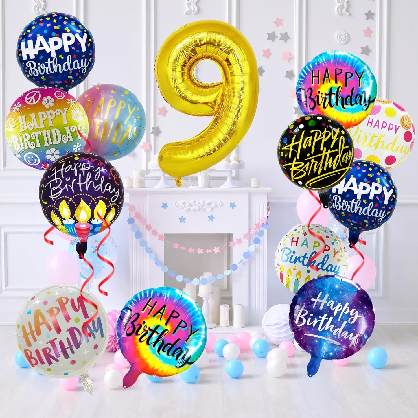 50 Pcs Happy Birthday Party Aluminum Foil Balloons and 9th Balloons, 18 Inch Round Aluminum Foil Balloon with" Happy Birthday" Sign, Birthday Party Decorations for Boys/Girls (Yellow, 9)