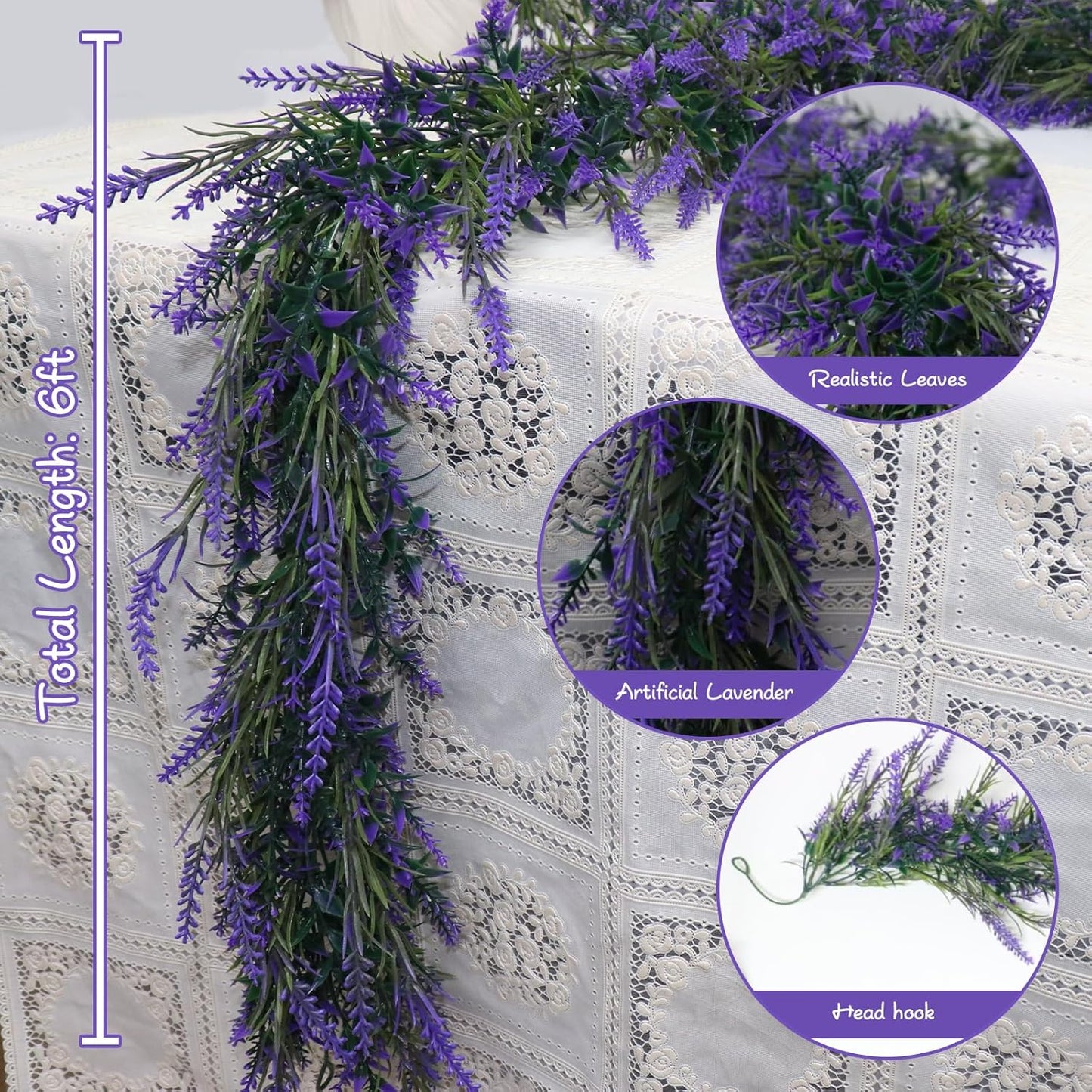 MAKHOT 6Ft Purple Lavender Artificial Garland Decor, Spring Summer All Year Lavender Deep Purple Garland, Green Wreath Vines Decorations for Table Home Wedding Mantle Arch Porch Party