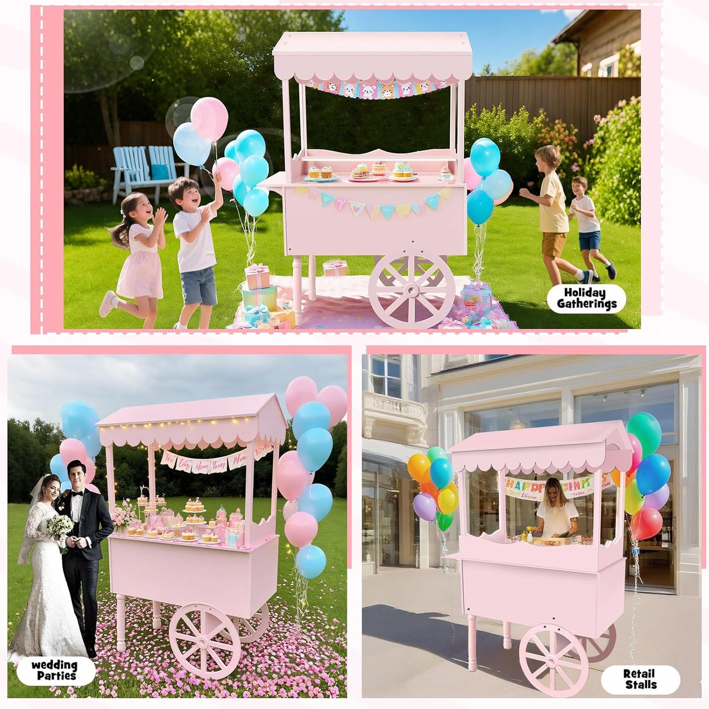 7FT Candy Cart Display Stand with Decorated Wheels, Dessert and Party Decoration Cart with 100 Ballons, Easy to Install Vintage for Parties, Birthdays, Weddings, (pink)