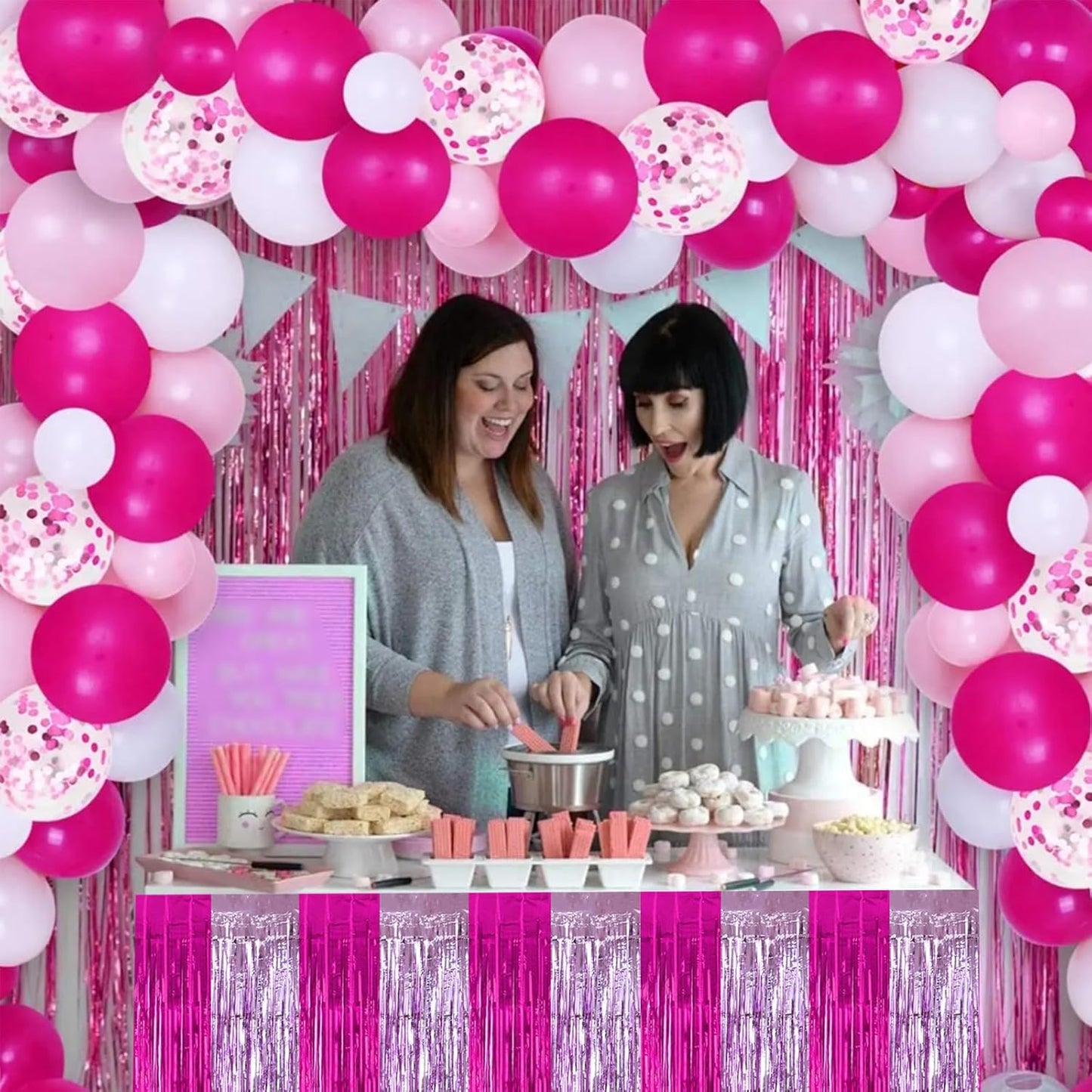 BEISHIDA 2 Pack Hot Pink Pink Table Skirts Party Decorations Purple Metallic Tinsel Foil Fringe Rectangle Round Table Skirts for Girls Birthday Holiday Valentines Party Supplies