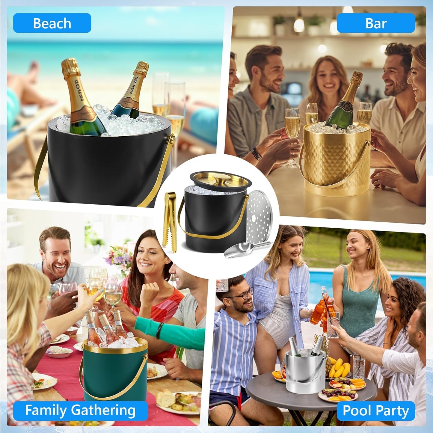 Ice Bucket, Ice Bucket with Silicone Sealing Ring Double-Wall Vacuum Insulation Champagne Buckets with Filter Layer Ice Tongs Ice Scoop (Gold, 3 L)