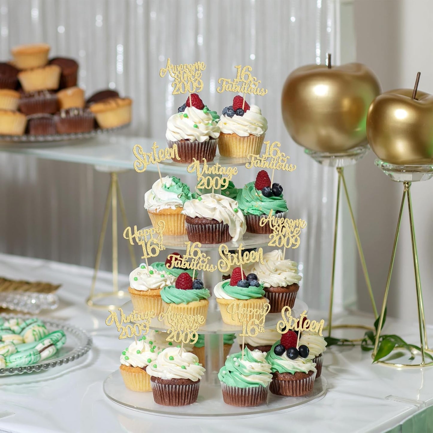 30Pcs Vintage 2009 Cupcake Toppers Glitter Sixteen Happy 16th Birthday 16 Fabulous Cupcake Picks Cheers to 16 Years for 16th Birthday Wedding Anniversary Party Cake Decorations Supplies Gold