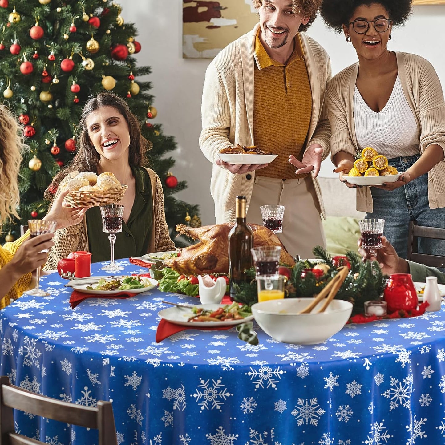 Jectivs 6 Pieces Christmas Snowflake Plastic Party Tablecloth Decorations,Disposable White Snowflake Blue Xmas Round Table Cover Backdrop for Winter Christmas Holiday Party Supplies,84 inch (Blue)