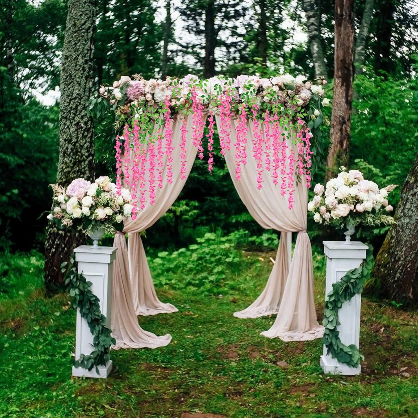 24 Pack Fuchsia Wisteria Hanging Flowers, 3.4 Ft Fake Hanging Flowers, Artificial Wisteria Garland Vines for Wedding Room Backdrop Outdoor Patio Garden Decoration