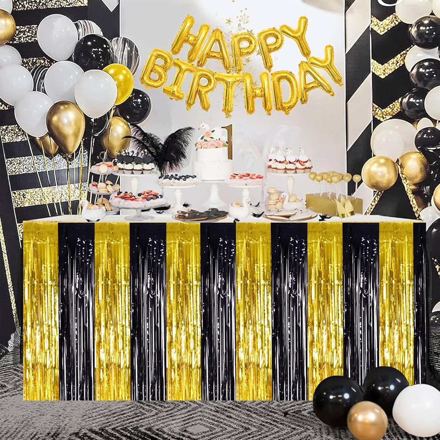 BEISHIDA 2 Pack Black Gold Table Skirts Party Decorations Metallic Tinsel Foil Fringe Decors for Rectangle and Round Table Birthday Retirement Anniversary Graduation Congrats 2026 Party