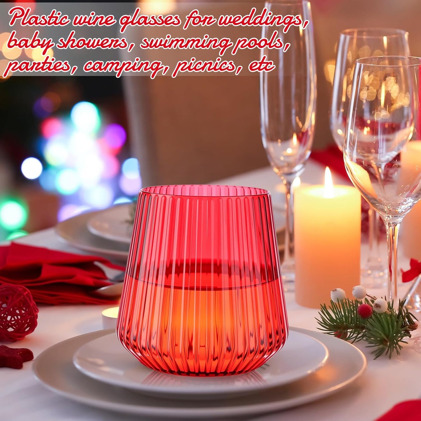 Suclain Plastic Wine Glasses Ribbed Stemless Wine Glasses 14oz Vertical Design Unbreakable Cups for Outdoor Indoor Vintage Elegant Champagne Whiskey Cups for Party Wedding(Red,50 Pcs)