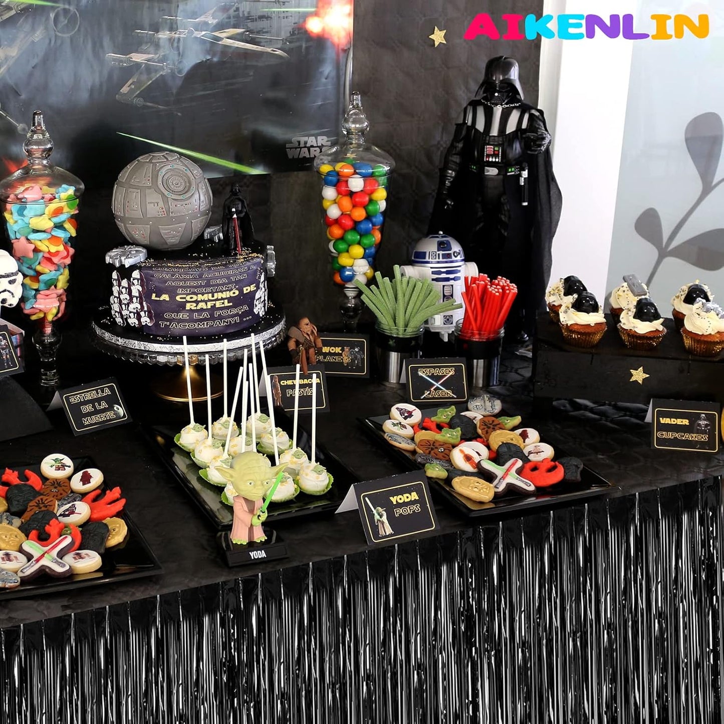 6 Pack 29x108 Inch Metallic Foil Fringe Tinsel Table Skirts Banner for Rectangle Tables Streamer Garland Curtains Backdrop for Wedding, Birthday, Parade Floats, Christmas Party Decoration(Black)