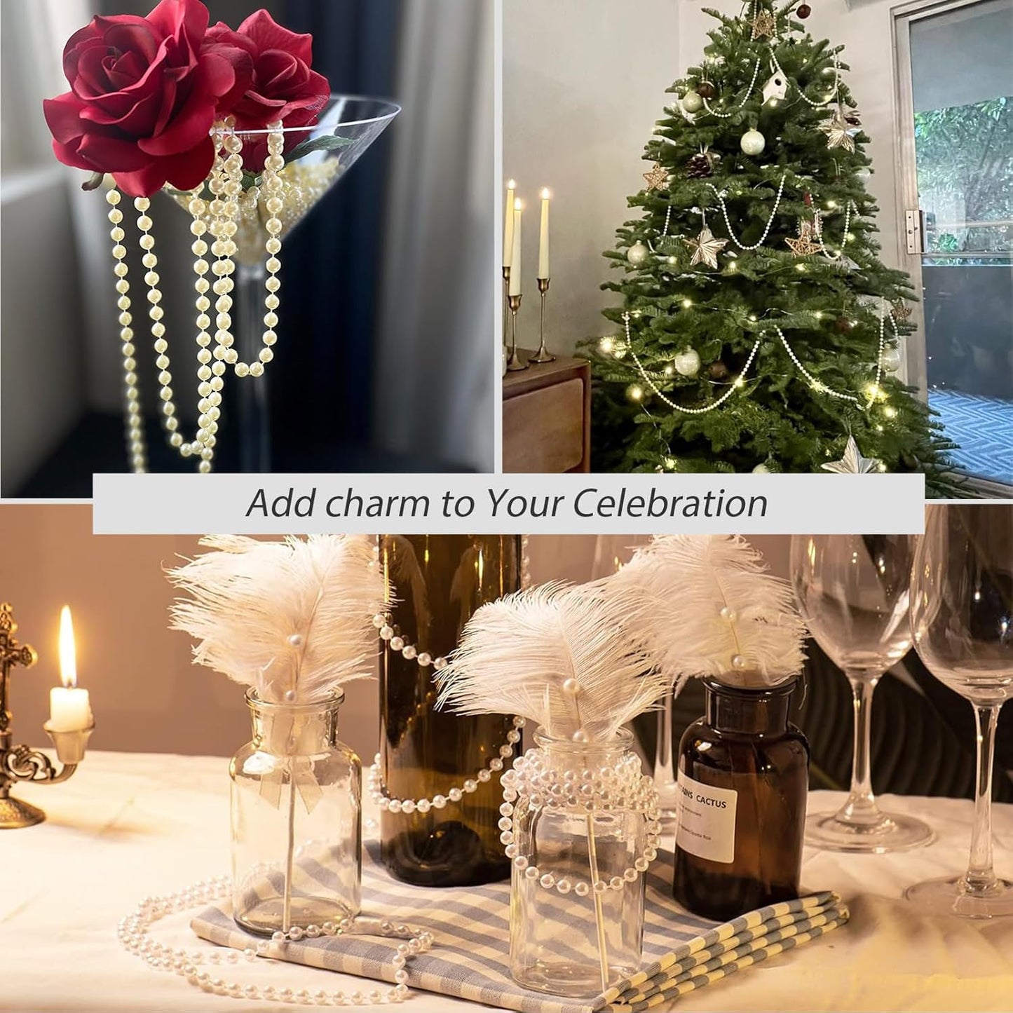 Craft String Pearls 6MM Pearl Bead, 66 Feet Ivory Faux Pearl Garland Spool Roll Strand Wedding Party Decoration, Christmas Tree Decorations