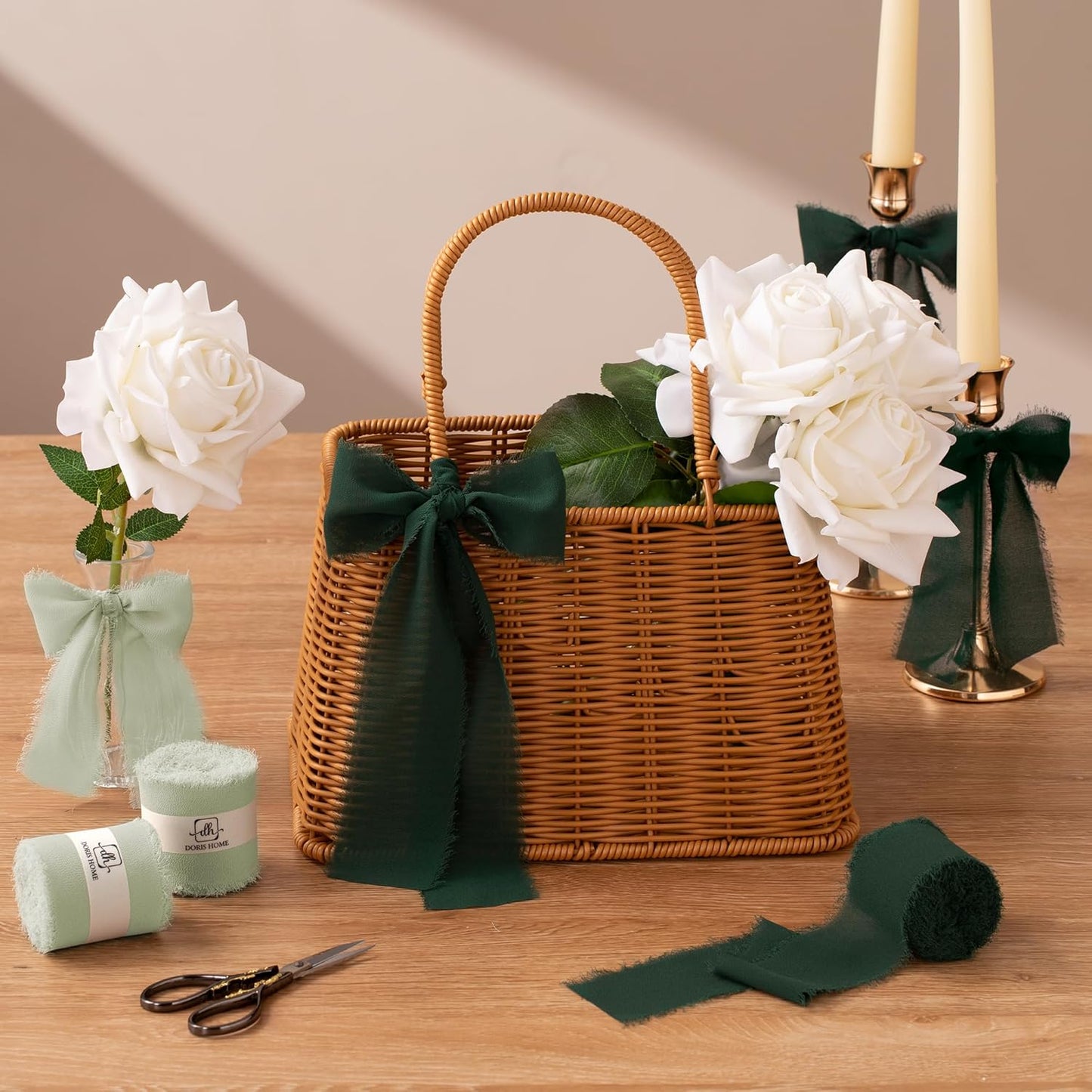 DORIS HOME 2" x21Yd Chiffon Ribbon for Flower Bouquet, Green & Cream Fabric Ribbon for Gift Wrapping, Handmade Frayed Ribbon for Wedding/Christmas Decorations