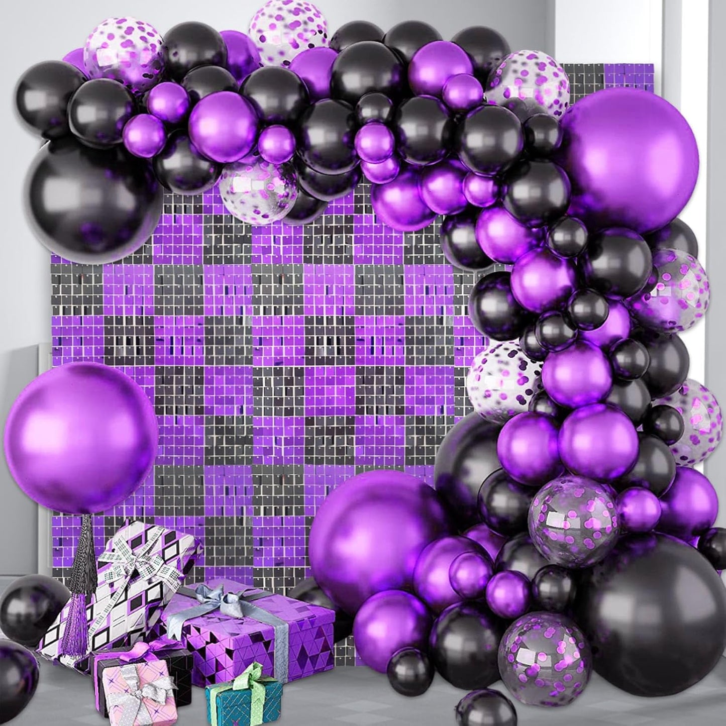 12PCS Black Purple Shimmer Wall Backdrop, Square Sequin Photo Backdrops Panel, Glitter Wall Background for Birthdays, Weddings, Christmas, Engagements, Halloween Party Decor (3FTx4FT)