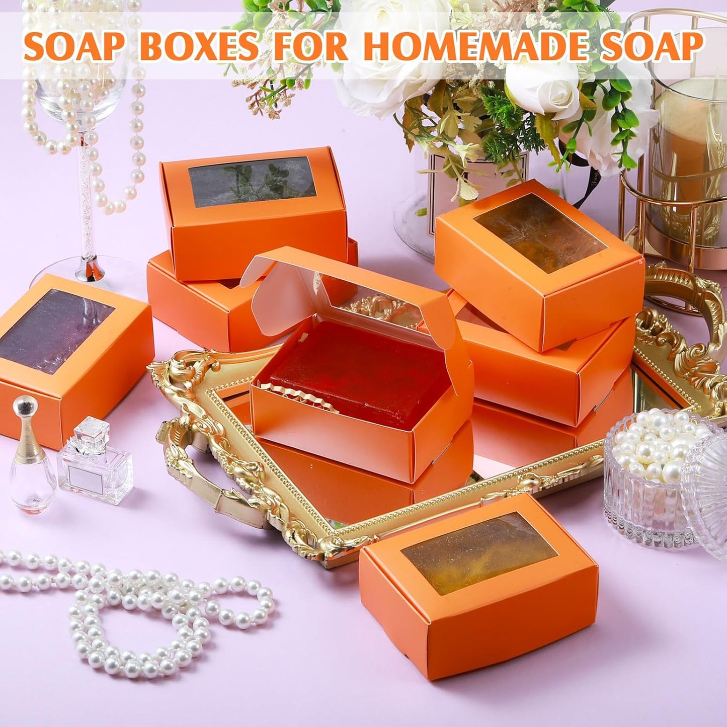 Zonon 30 Pcs Soap Boxes for Homemade Packaging, Mini Kraft Treat Boxes with Window for Bakery Candy Soap Making Gift Packaging(3.7 x 2.6 x 1.37 Inch,Orange)