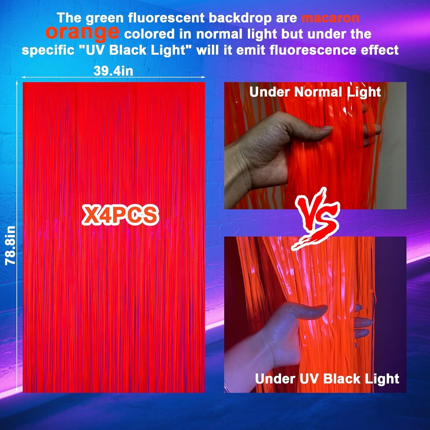 4 Packs Glow in The Dark Foil Fringe Curtain, Macaron Orange Blacklight Reactive Fluorescent Tinsel Backdrop Neon Luminous Streamers for Birthday, Wedding, Neon Party, Glow Party Decorations Supplies