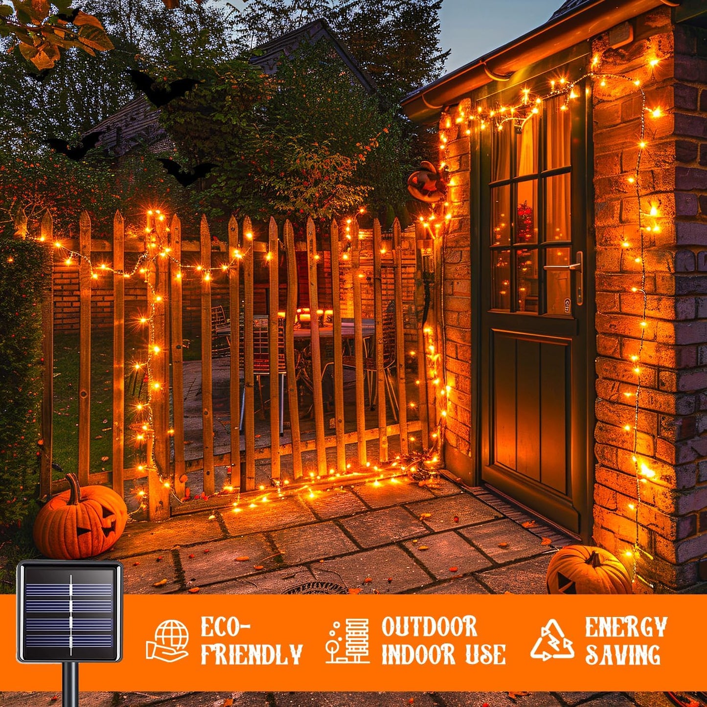 JMEXSUSS 2 Pack Orange Halloween Lights: 100 LED 33ft Solar Halloween Lights Outdoor Waterproof - 8 Modes Orange Solar Light for Christmas Outside Tree Gardens Fall Festival