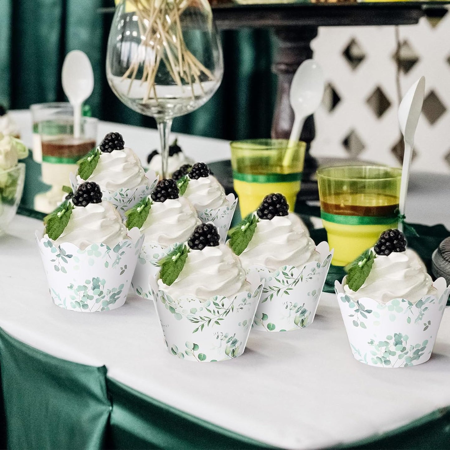 Domensi 100 Pcs Eucalyptus Cupcake Wrappers Rustic Cupcake Liners Green Tulip Baking Cups Baking Liners for Wedding Bridal Baby Shower Birthday Party Supplies Dessert Decoration