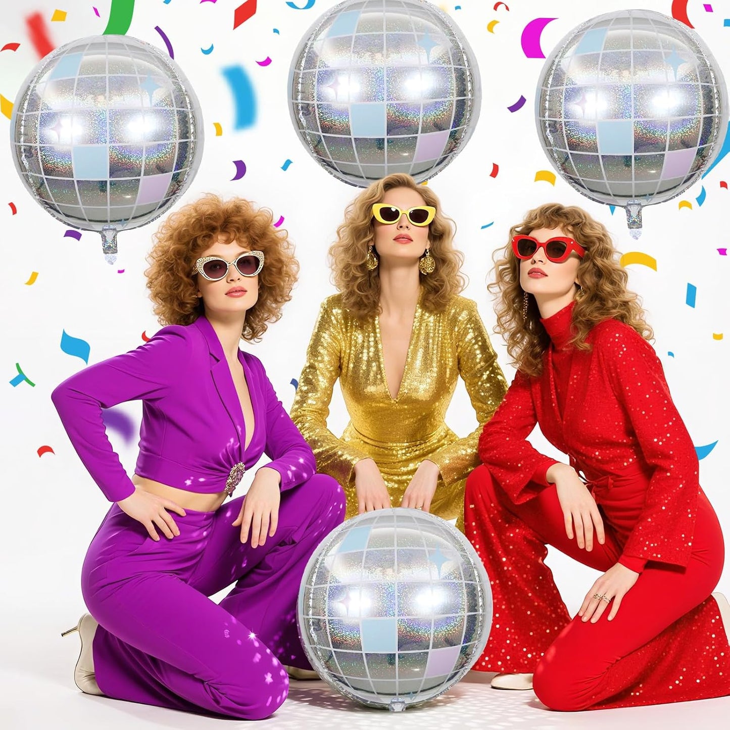 Iridescent Disco Ball Balloons 4PC,Foil Disco Balloons 22 Inch 4D Round Balloon for 70s 80s Birthday Bachelorette Graduation Decorations