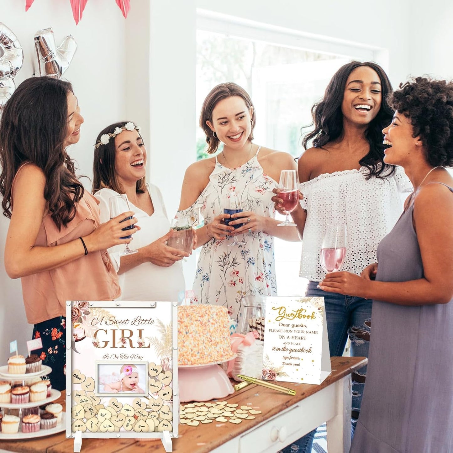 65 Pcs Baby Shower Guest Book Alternatives He or She Gender Reveal Boho Flower Baby Shower Decorations Sign in Guest Book with Picture Frame and 60 Wooden Chip