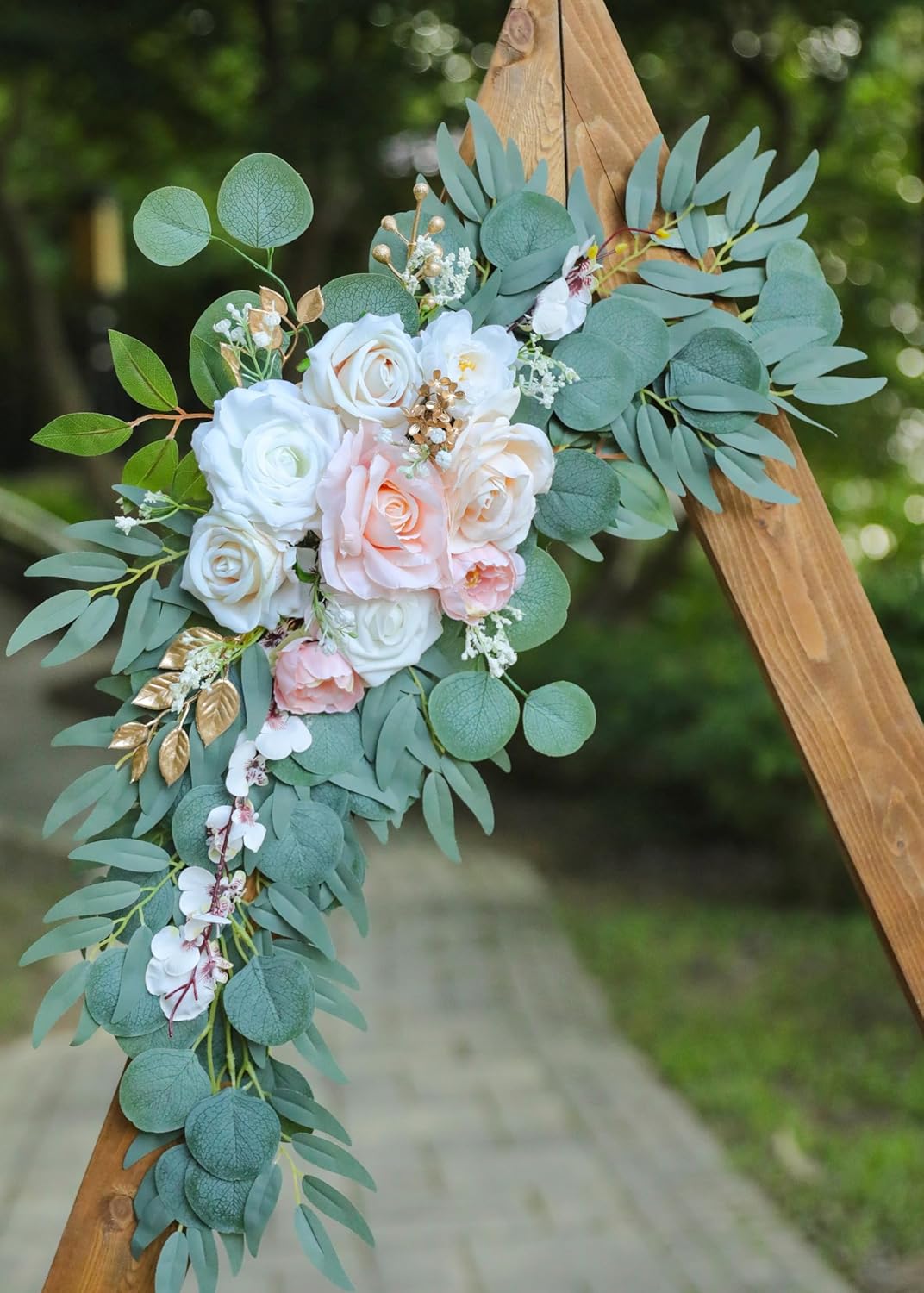 Artificial Blush Pink Wedding Arch Flower Swags Set of 2 for Welcome Signs and Ceremony Decorations, Champagne Gold Wedding Flowers
