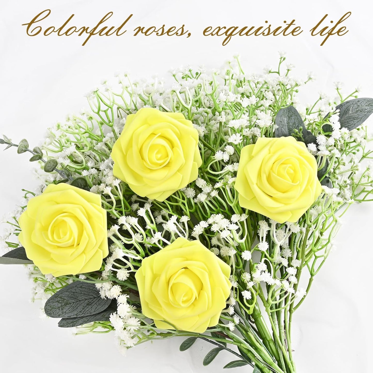 BLEUM CADE 16Pcs Artificial Flowers Fake Roses with Stems, Yellow Boxed Foam Roses for DIY Bouquets Centerpieces Wedding Party Arrangement Bridal Shower Decor