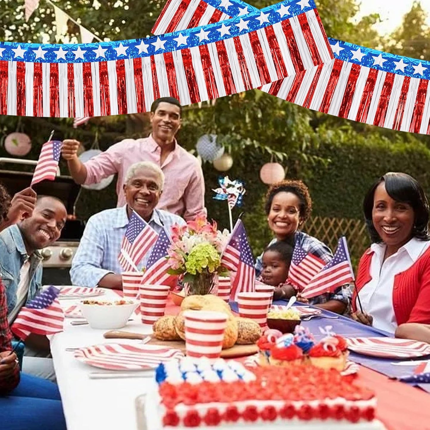 BEISHIDA 3 Packs Metallic Foil Fringe Garland Star Red White Blue Wall Hanging Tinsel Fringe Banners for Car Floats 4th of July Memorial Day Patriotic New Year Party Decoration(30 Feet)