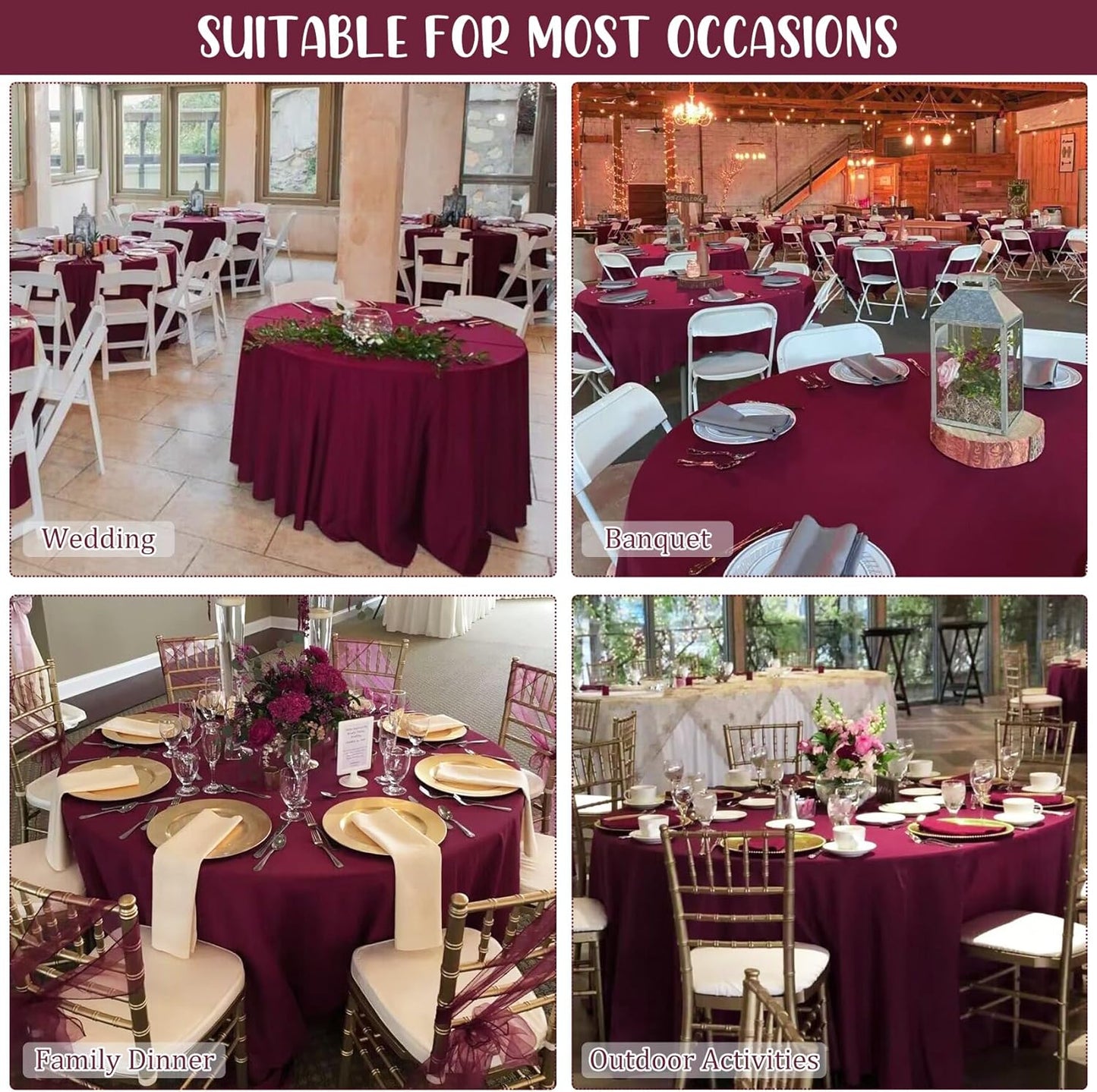 8 Pack Premium Round Tablecloth 108 Inch Round Table Covers Bulk Washable Polyester Fabric Round Table Clothes for Wedding Party Reception Banquet Buffet Restaurant (Burgundy, 108 Inch)
